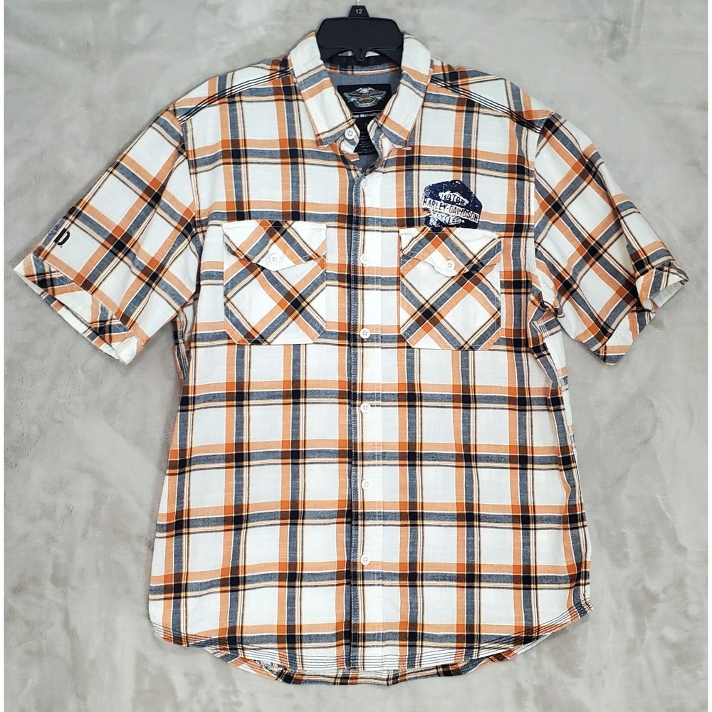 Harley-Davidson Shirt Mens L Plaid Short Sleeve Cotton Logo Western‎ Cowboy EUC